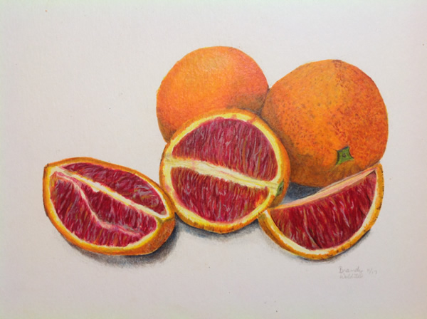 Blood oranges with markers and colored pencil.